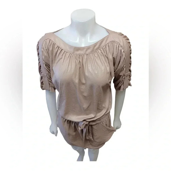 BCBGMaxAzria Margie Khaki Rouched Mini Tie Dress Size XS - Picture 3 of 12